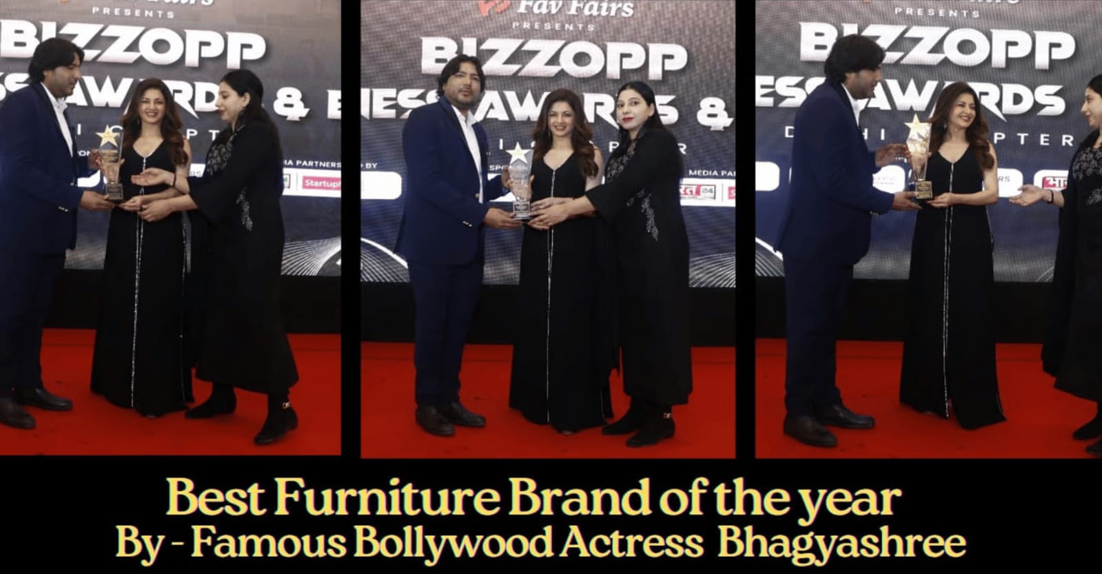 NS Furniture receiving the Best Furniture Brand of the Year award from actress Bhagyashree